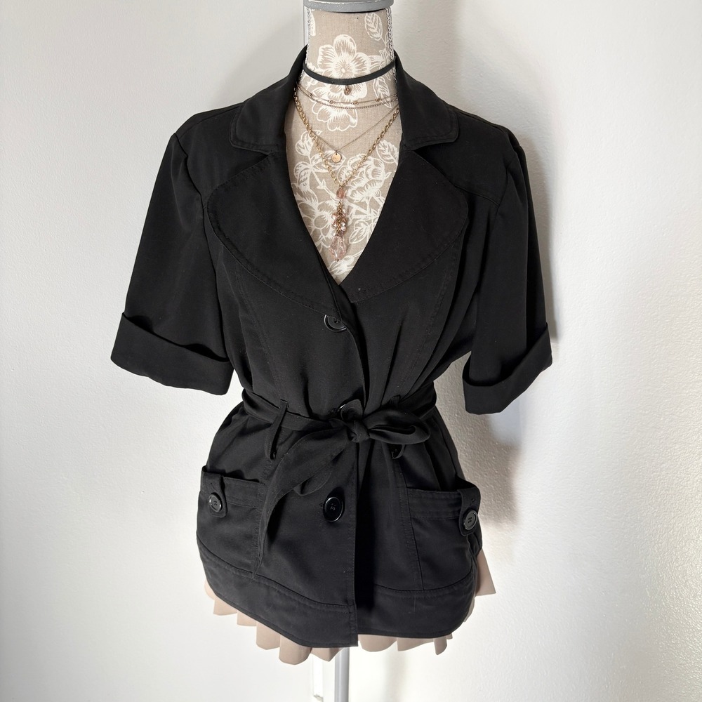 First Option Womens Black Short Sleeve Belted Blazer Jacket Size 14
